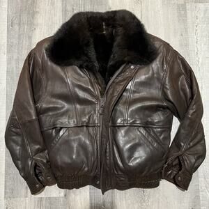VTG Saks Fifth Avenue Opposum Fur Liner Brown Leather Mens M Bomber Jacket